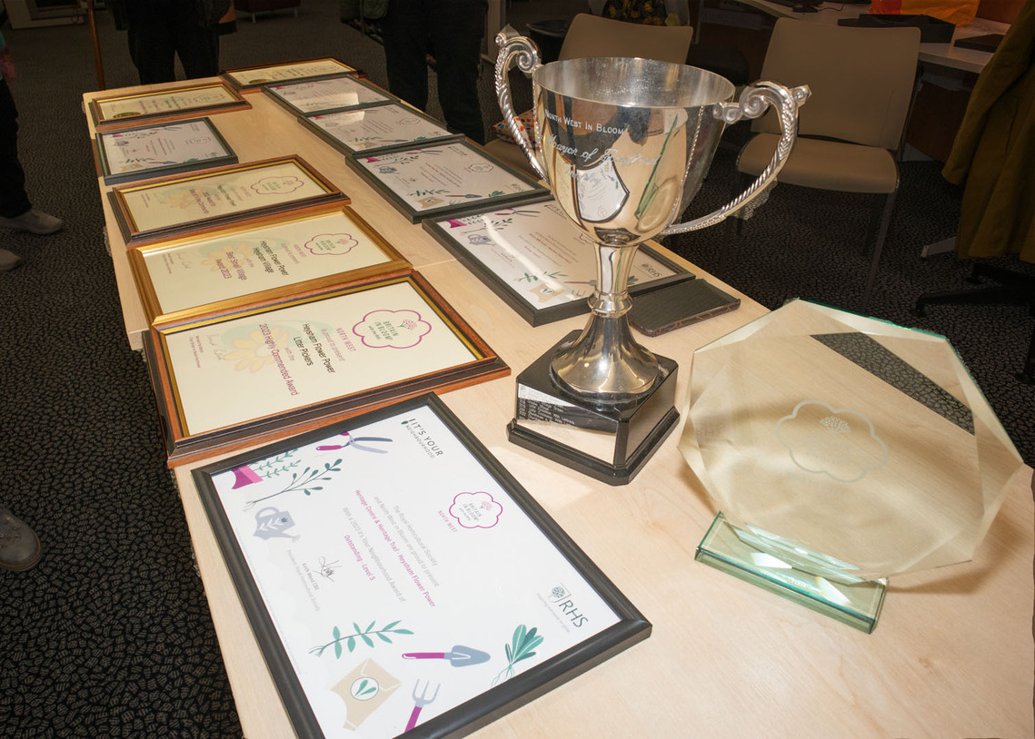 Trophy for best village along with some of the awards won by village organisations 